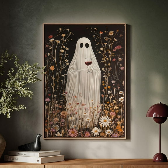 Ethereal Ghost Holding Wine Glass - Whimsical Floral Ghost Art, Spooky Chic Decor, Unique -Inspired Wall Art Print Wall Art, Modern Wall Decor, 8x12 UNFRAMED