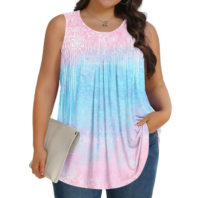 Miqool Womens Plus Size Tank Tops Floral Print Sleeveless Ruched Shirt Loose Fit Tunic Tops