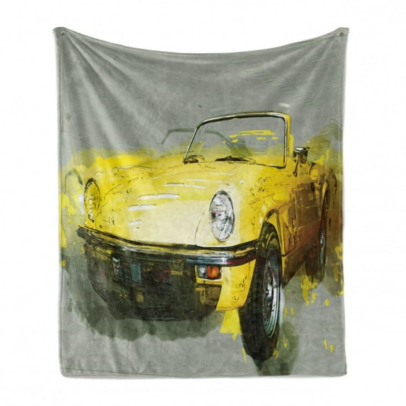 Car Soft Flannel Fleece Blanket, Retro Style Classic 50s 60s Cuban American Watercolor Big Cosy Car Print Picture, Cozy Plush for Indoor and Outdoor Use, 60" x 80", Sage Green Yellow, by Ambesonne