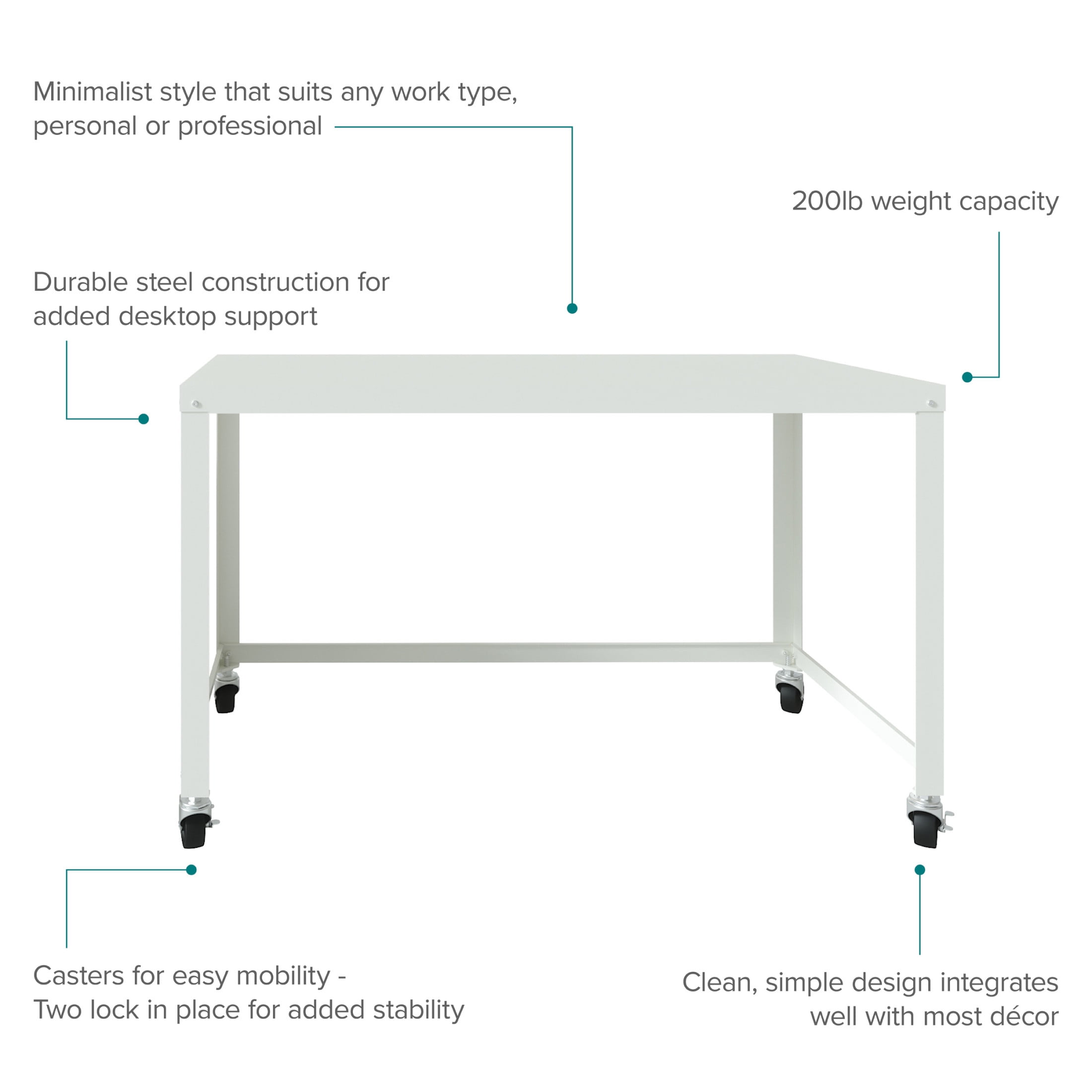 Hirsh Ready-to-Assemble 48-inch Wide Mobile Metal Desk for Home Office, White