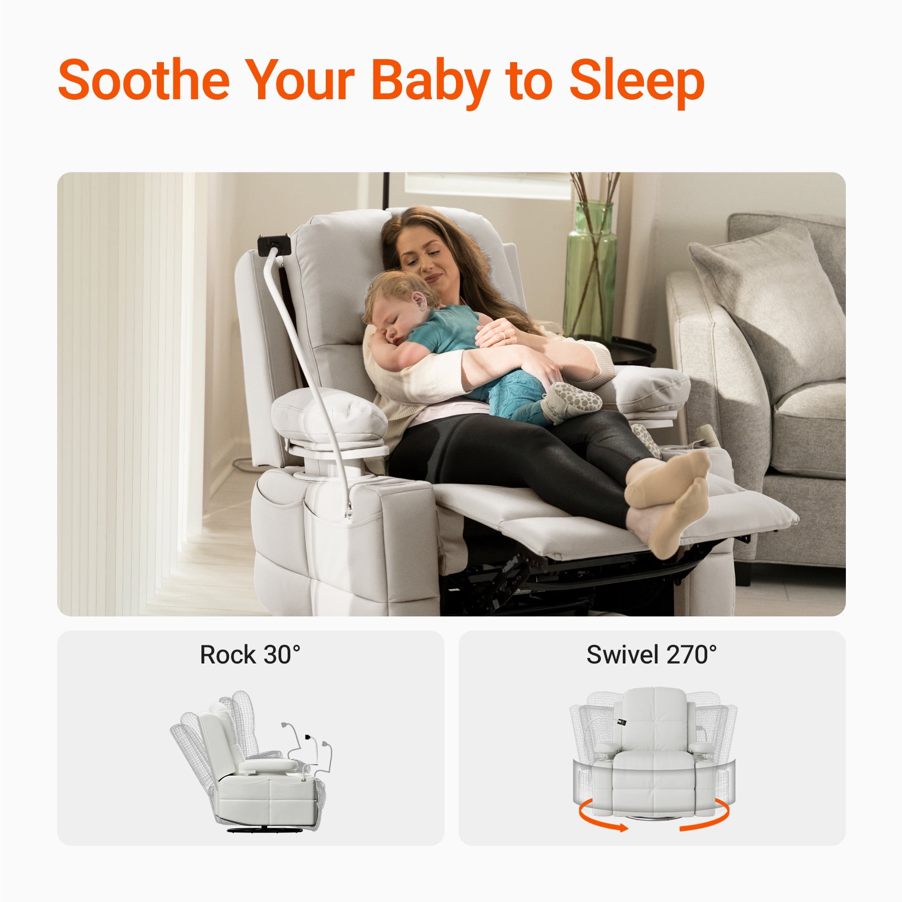 MAMAZING Nursery Rocking Chair Swivel Glider Oversized Recliner with Pockets Electric Power Baby Nursing Chair White