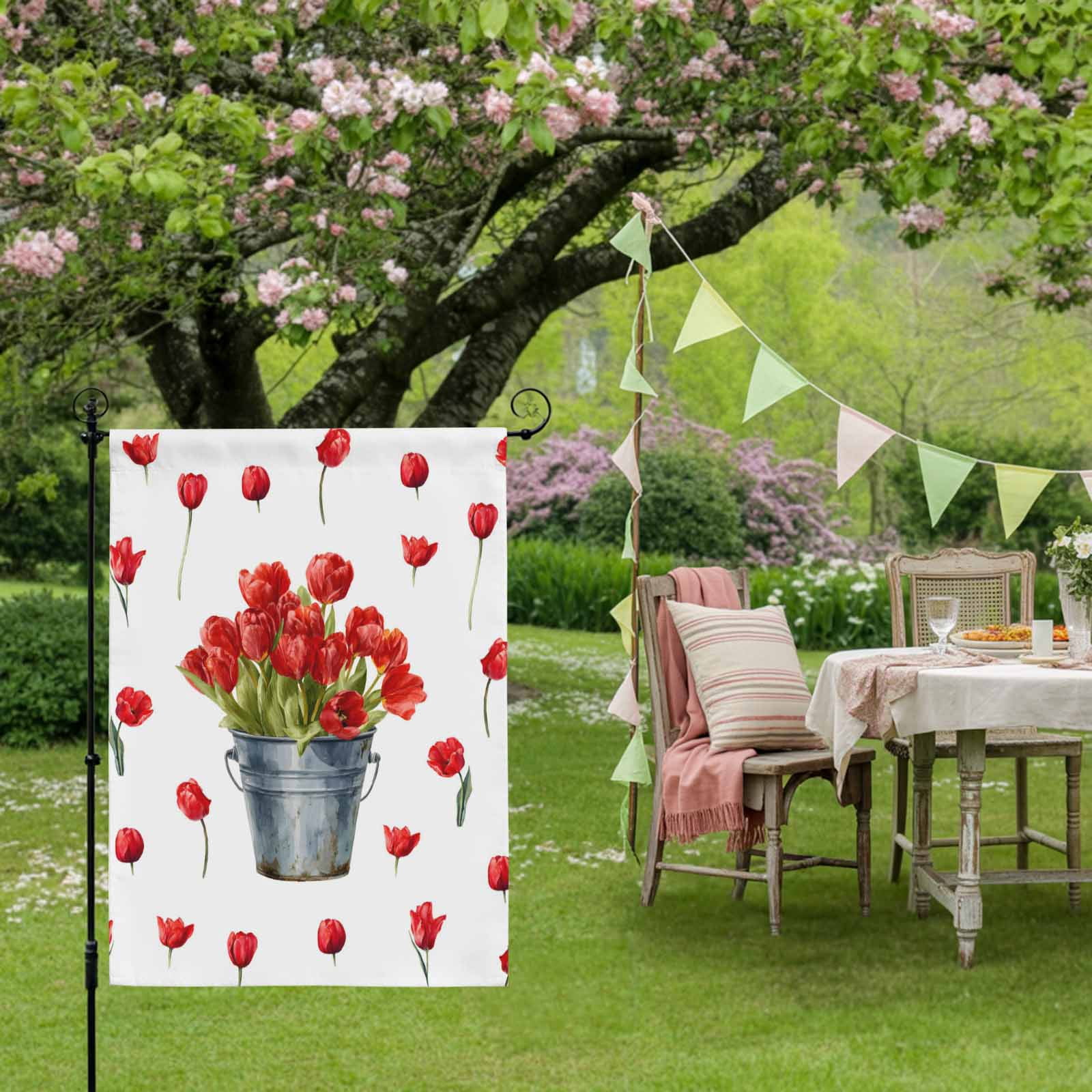 Spring Florals House Flags For Outdoor, Red Tulip Floral Drum Farm Plants Country Small Double Side Yard Flags Weather Proof House Decor for Lawn Outside Holiday 28 x 40 Inches
