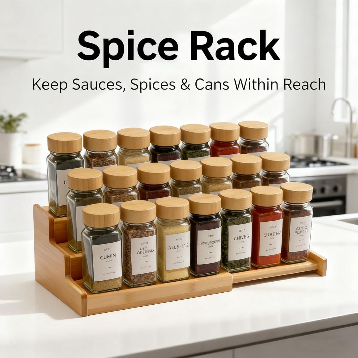 Carestrong Spice Rack Kitchen Cabinet Organizer- 3 Tier Bamboo Expandable Spice Organization for Cabinet,Yellow.