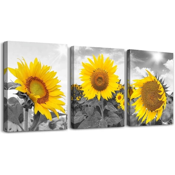 Bathroom Wall Decor Canvas Wall Art for Bedroom kitchen Living Room Wall Decoration Black and White Triptych Flower Yellow Sunflower Pictures Canvas Prints 3 Piece Set Artwork for Walls Ready to Hang