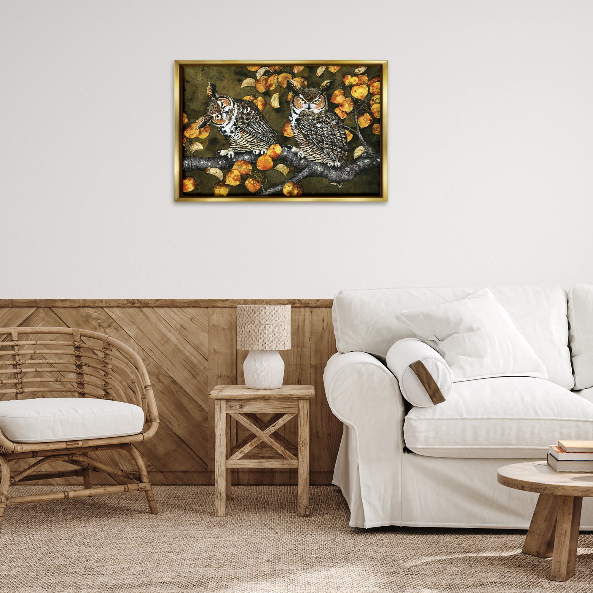 Stupell Industries Inquisitor Owls Autumn Branch Animals & Insects Painting Gold Floater Framed Canvas Art Print Wall Art, 31 x 21