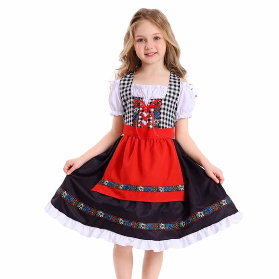 QSAWXQZ Girls' Oktoberfest Dirndl Dress Crew Neck Short Sleeves Mini Folk Dress Outfit Festival Halloween Wear 10-12Years