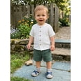thumbnail image 4 of BemeyourBBs Toddler Baby Boy Summer Clothes Infant baby Boys Cotton Linen Outfits Short Sleeve Solid Color Button Down Shirt Tops and Elastic Waist Pockets Shorts 2Pcs Set, 4 of 9