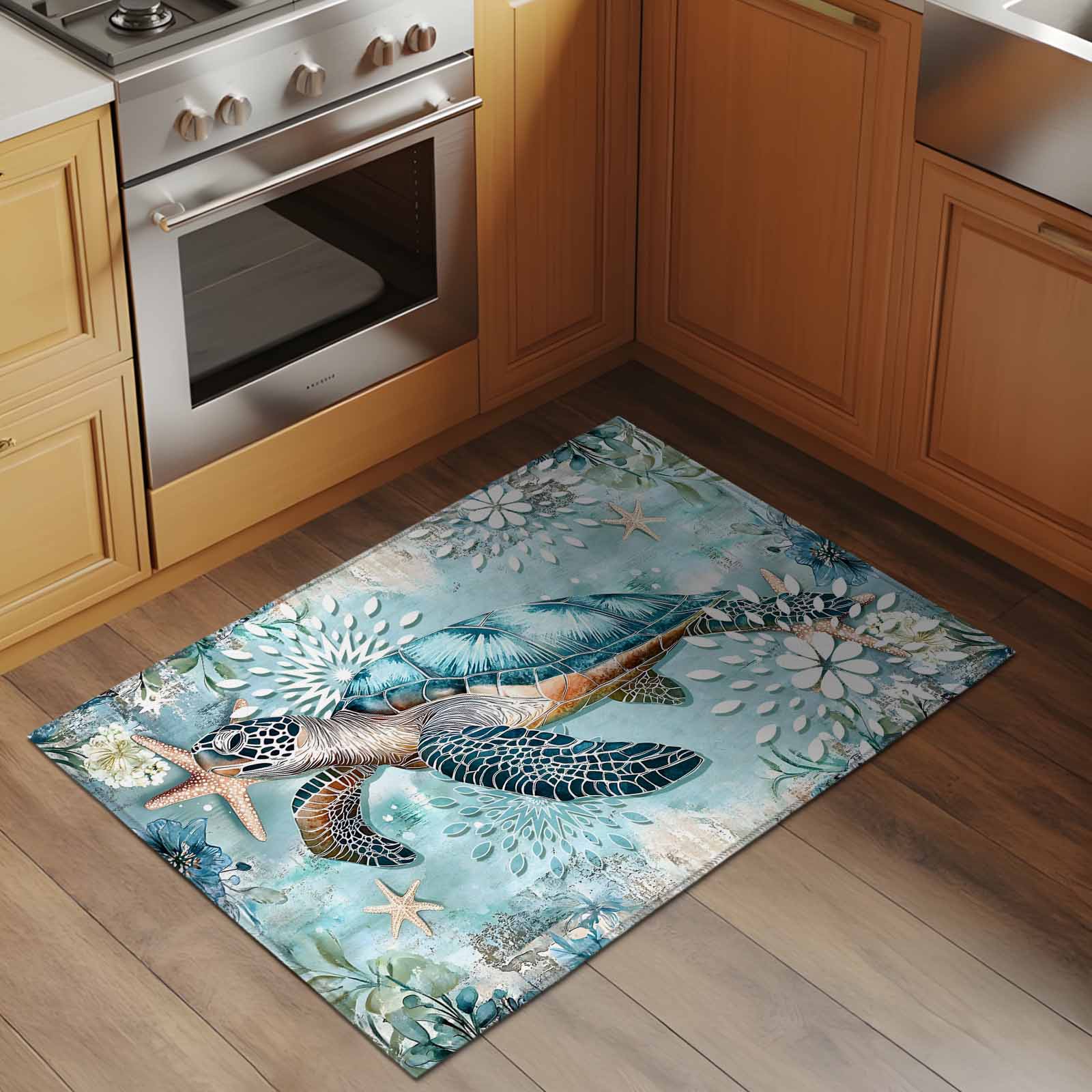 Entrance Runner Rug 2'x3',Sea Turtle Coastal Non-slip Doormat for Indoor Outdoor Entrance,Vintage Teal Nautical Beach Botanical Throw Floor Mat for Front Door/Living Room/Bedroom/Bathroom/Kitchen