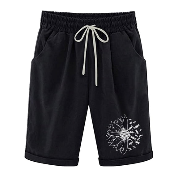 Xudanell Women's Fashion Cotton And Printed Cartoon Solid Color Pocket Tied Up Pants Casual Shorts(Black,XL)