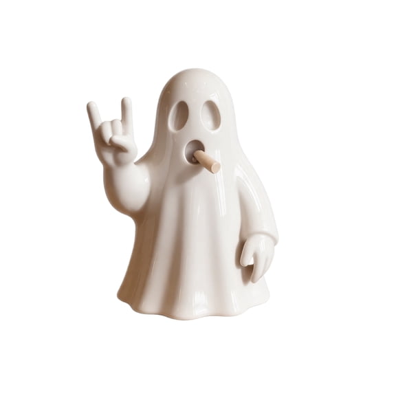 Gardjoe Ghost Figurine with Rock Hand Gesture and Stick Prop for Music Lover Desk Bookshelf and Creative Office Space Decoration
