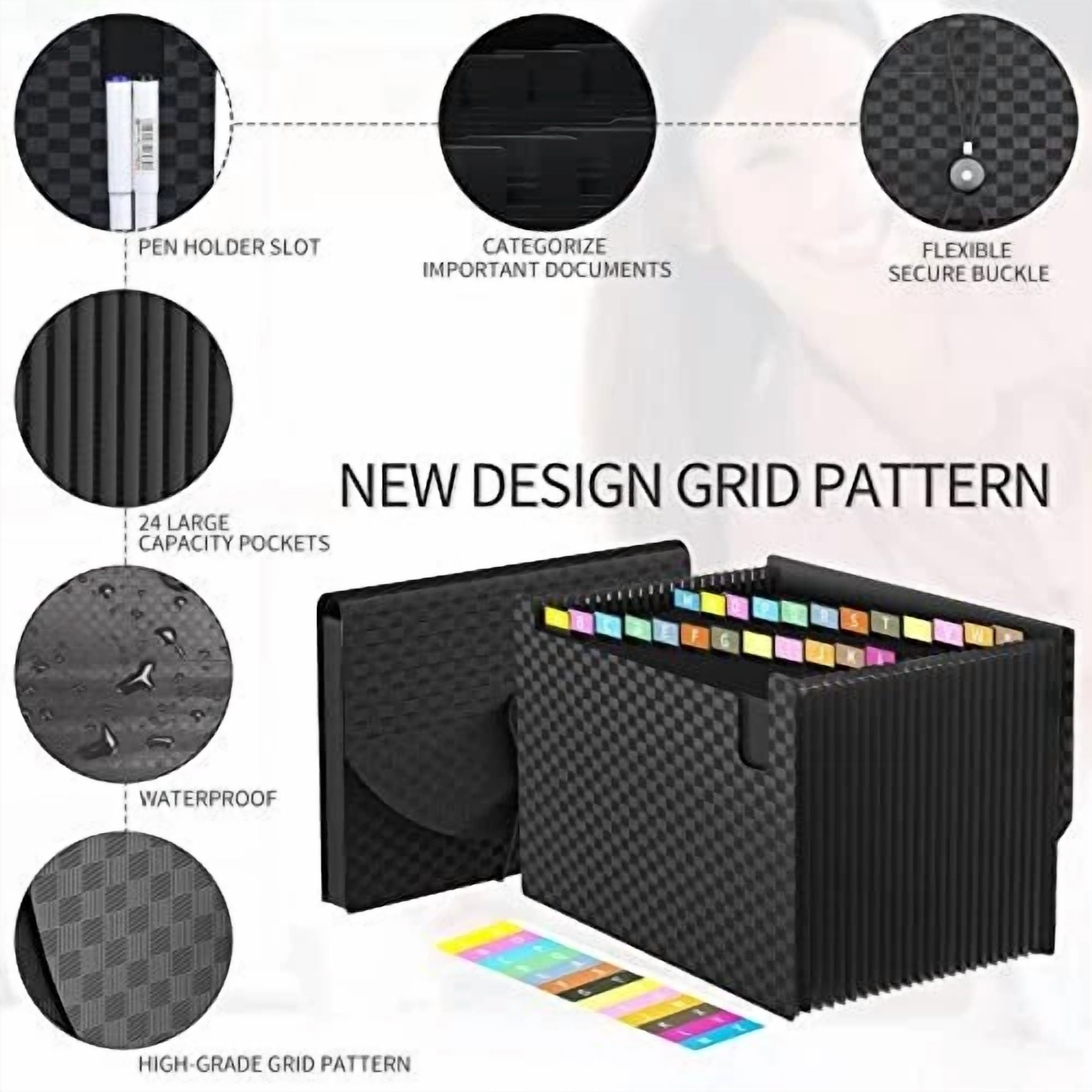 Expanding File Folders Accordian Organizer With 24 Grid Black
