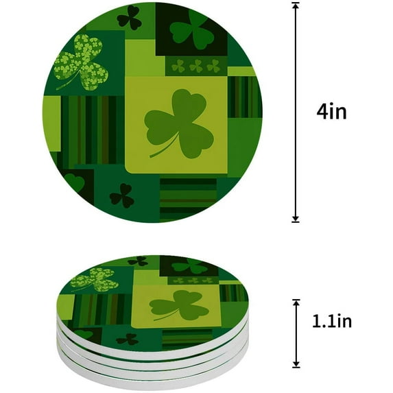 FMSHPON Happy St. Patrick's Day Clover Set of 4 Round Coaster for Drinks, Absorbent Ceramic Stone Coasters Cup Mat with Cork Base for Home Kitchen Room Coffee Table Bar Decor
