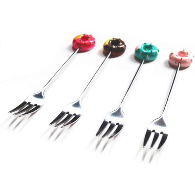 Little Cute Donut Fork, Stainless Steel Salsa Fork, Sugar Funny Cake Bread Forks, Baby Kids Tableware, Dessert Forks, Fruit Fork, Multi-functional Kitchen Tools Set (4 colors, 4PCS)