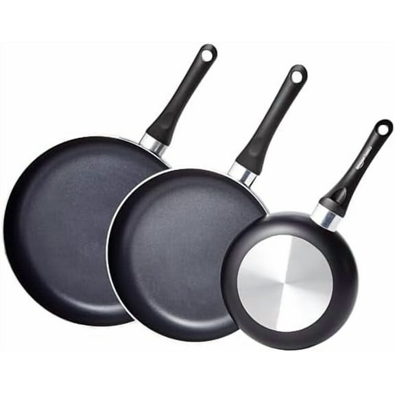 Non Stick 3-Piece Kitchen Cookware Set, Includes 8-inch, 10-inch, 12-inch Pan, Black