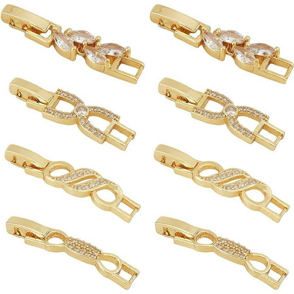 8Pcs 4 Styles 18K Gold Plated Fold Over Clasp Necklace Bracelet Extenders Cubic Zirconia Extension Clasps for Bracelet Necklace Jewelry Making 2pcs/Style