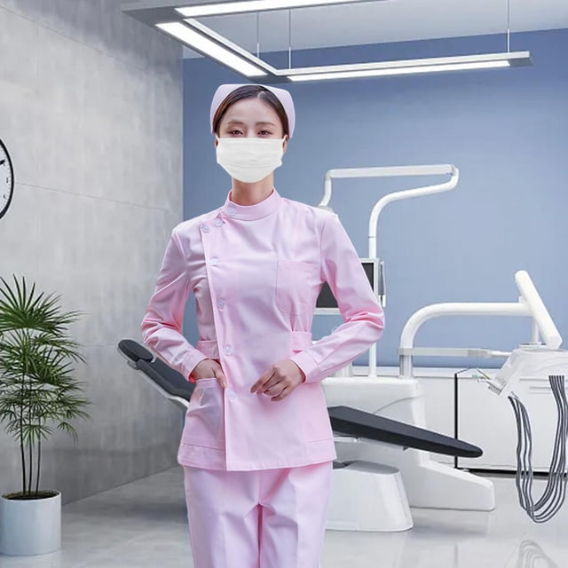 Uniformes de trabajo de enfermera para mujer, manga larga, lavable a máquina, cuello levantado, pantalones es Rosa Talla L Grueso