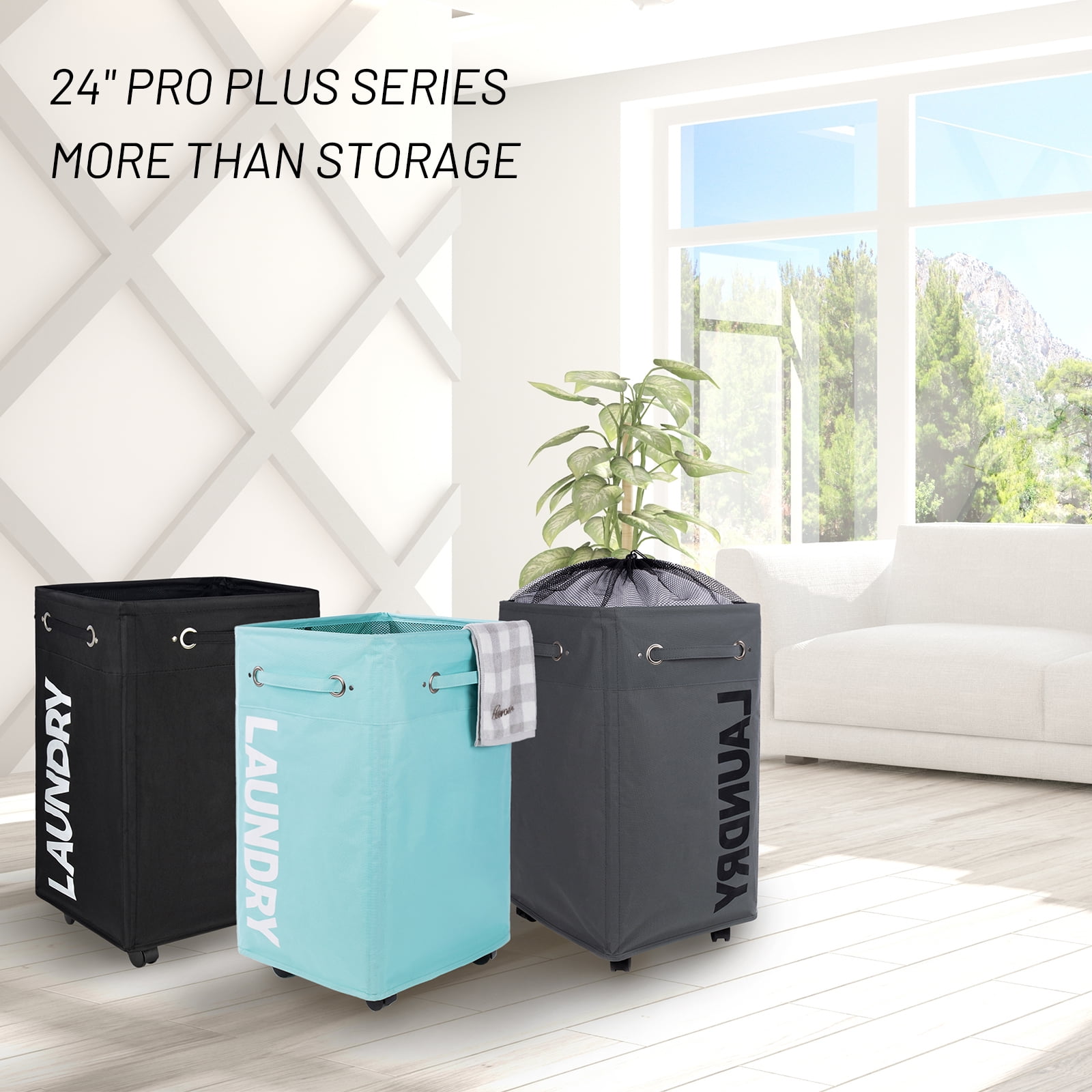 Caroeas 24" Pro+ Wheeled Laundry Hamper Beige Breathable Cover Heavy Duty Laundry Sorter Dirty Clothes Organizer Waterproof Foldable Laundry Basket Extra Large Cotton Laundry Bag