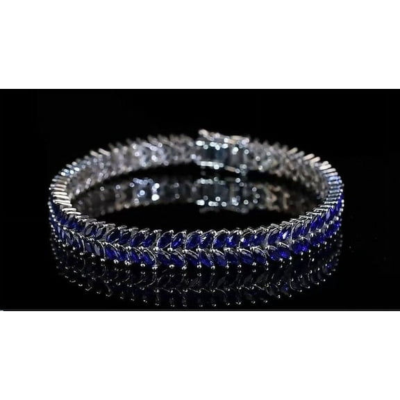 Blue Sapphire CZ tennis Bracelet ,Sapphire Tennis Bracelet,Marquise Shaped Blue Gemstone Bracelet , Double Row Chain Bracelet,Anniversary Gift