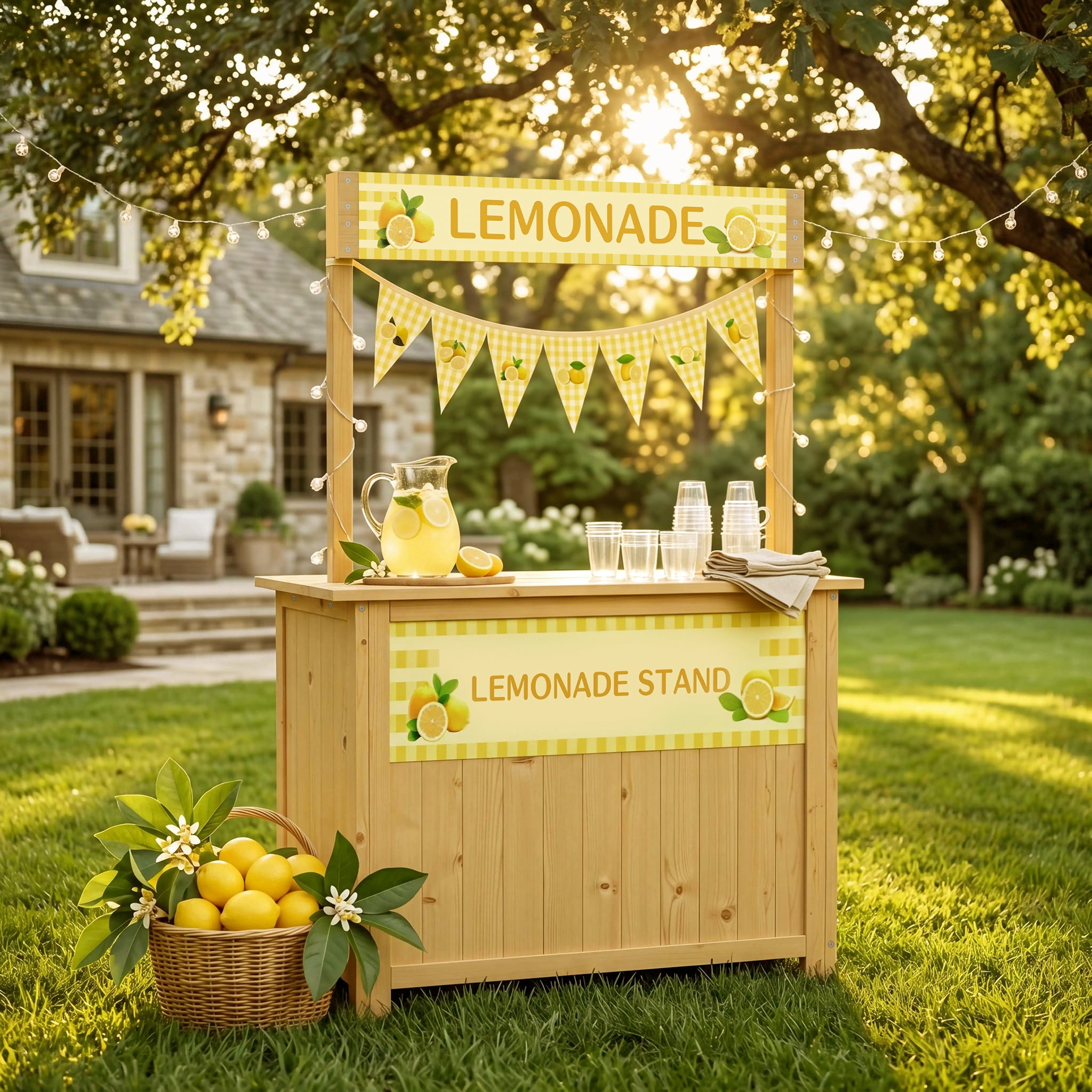 Lemonade Stand for Kids,  Lemonade bar with Fabric Banner & Skirt, 27.5” Counter Height Kids Outdoor Stand for Backyard, Parties & Pretend Play (Ages 5–10)