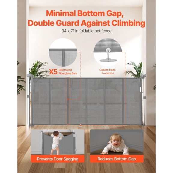 Retractable Mesh Gate for Stairs,34"Tall,Adjusts to 71"Wide,Child and Pet Safety Barrier,Easy Installation for Doorways,Hallways,Playpens,Gray