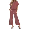 thumbnail image 3 of Women Short Sleeve Casual 2 Piece Sets Stripe Print Shirt Tops and Wide Leg Pants Lounge Sets, 3 of 6
