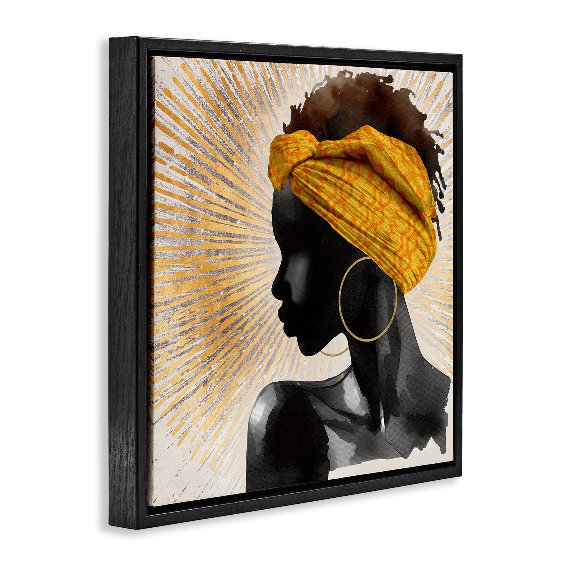 Stupell Industries Golden Sunburst Profile with Headwrap Black Framed Floater Canvas Wall Art, design by CAD Designs