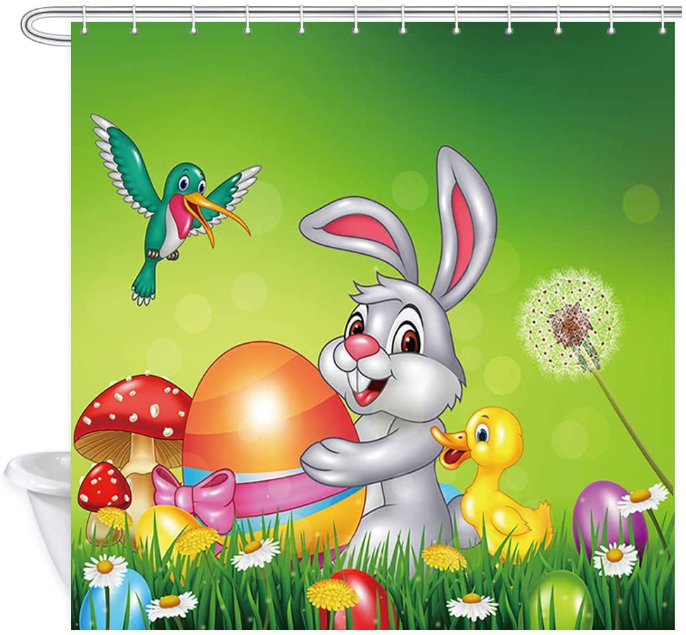 Easter Egg Funny Cartoon Rabbit Daisy Flower Shower Curtain Set Bathroom Decor 