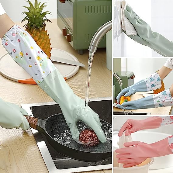 ShenMo 3 paires de gants de nettoyage en caoutchouc, gants de vaisselle de  cuisine, gants de ménage sans latex à manches longues doublés de coton pour  la lessive, le jardinage 