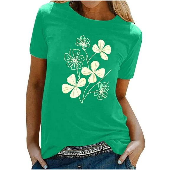 Ytndtr Women's Casual Tops Daisy Print Short-sleeved Tees Crew-neck Pullover