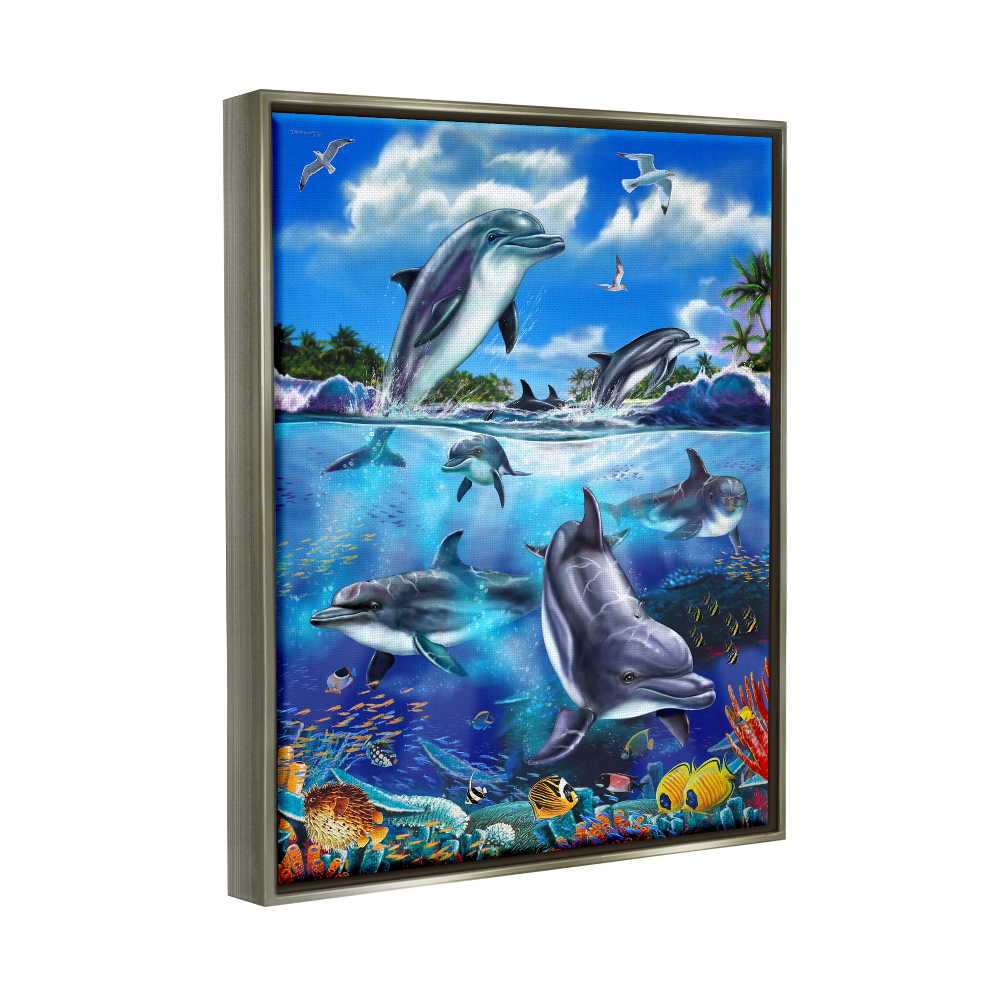Stupell Industries Underwater Sea Life Scene Coastal Painting Gray Floater Framed Art Print Wall Art