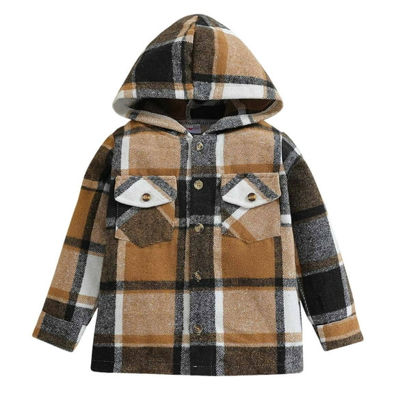 KPOPLK Kids Toddler Boys Girls Warm Sherpa Lined Plaid Flannel Shirt Jacket,Full-Zip Hooded Sweatshirt(5-6 Years,Khaki)