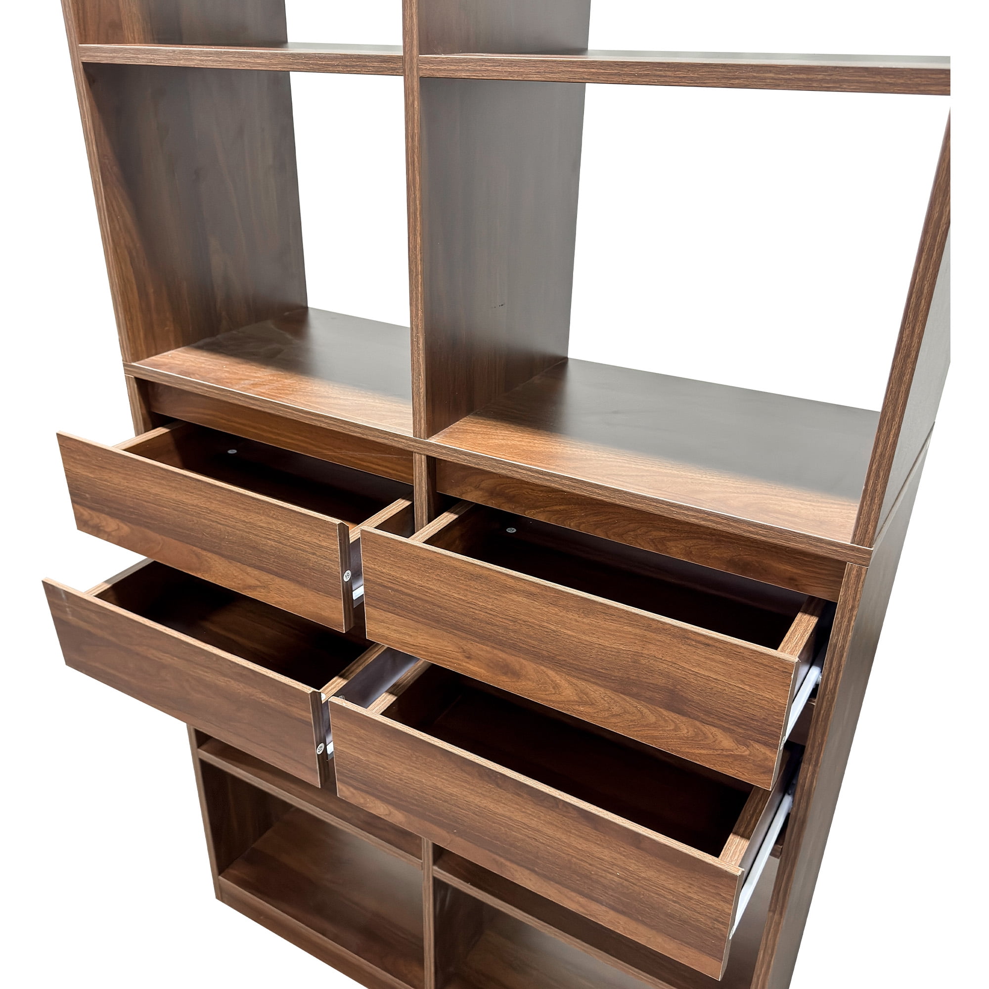 Mintazer Tall Bookcase with 10 Open Cubbies, Freestanding Bookshelf with 4 Storage Drawers, Multi‑Purpose Display Cabinet for Living Room Bedroom Home Office, Walnut Brown