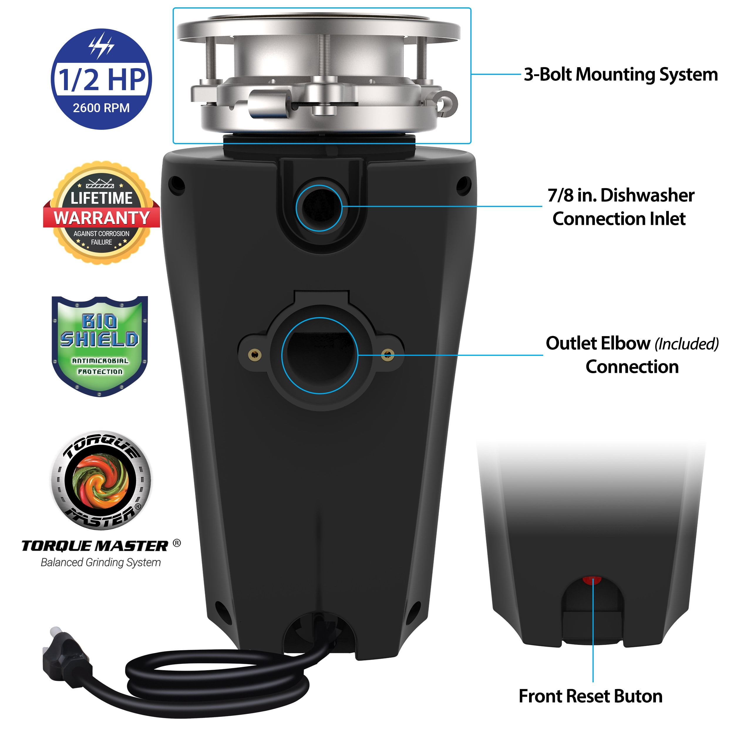 Titan 1/2 HP Economy Garbage Disposal Compact Shell 5.2x12.9" 10-US-TN-560-3B