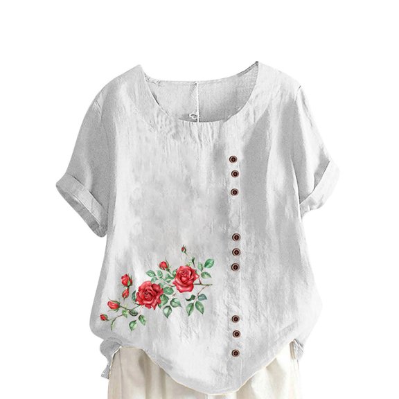 successthop V Neck Shirts for Women Casual Plus Size T Shirt Breathable Button Short Sleeve Tops Floral Clothes White S