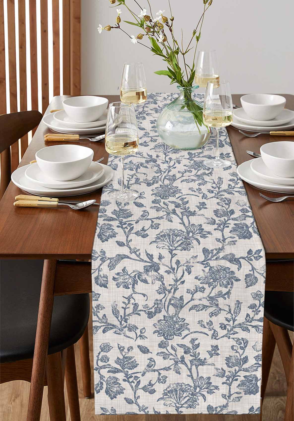 Blue Floral Burlap Cotton Table Runner 13x108 Inches Long, Farmhouse Vintage Flower Leaf Botanical Farmhouse Table Runners, Outdoor Dining Tablecloths Decor for Baby Shower/Party/Wedding