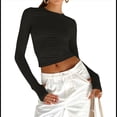 thumbnail image 1 of Tops Cortos Ajustados para Mujer para Salir, Informales, de Color Liso, con Cuello Redondo, Larga, Ajustados, Ropa de Calle Básica Negro M, 1 of 8