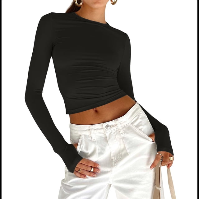 Tops Cortos Ajustados para Mujer para Salir, Informales, de Color Liso, con Cuello Redondo, Larga, Ajustados, Ropa de Calle Básica Negro M