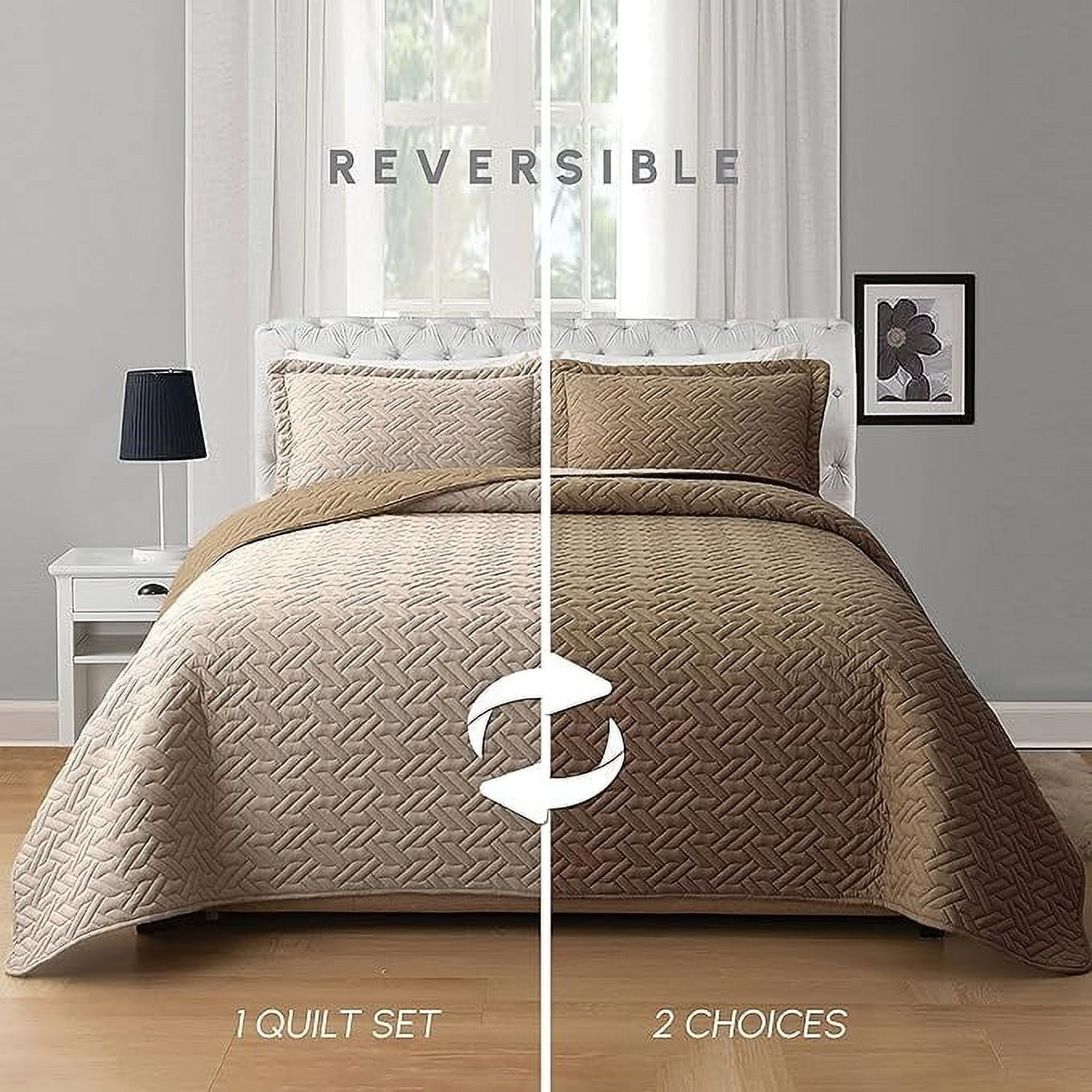 Elegant Comfort 3-Piece Quilted Reversible Bedspread Coverlet Set with Pillow Shams, Exquisite Majestic Stitching All Season Heavy Weight - Ultra Soft Premium Quilt- Twin XL, Taupe/Cream