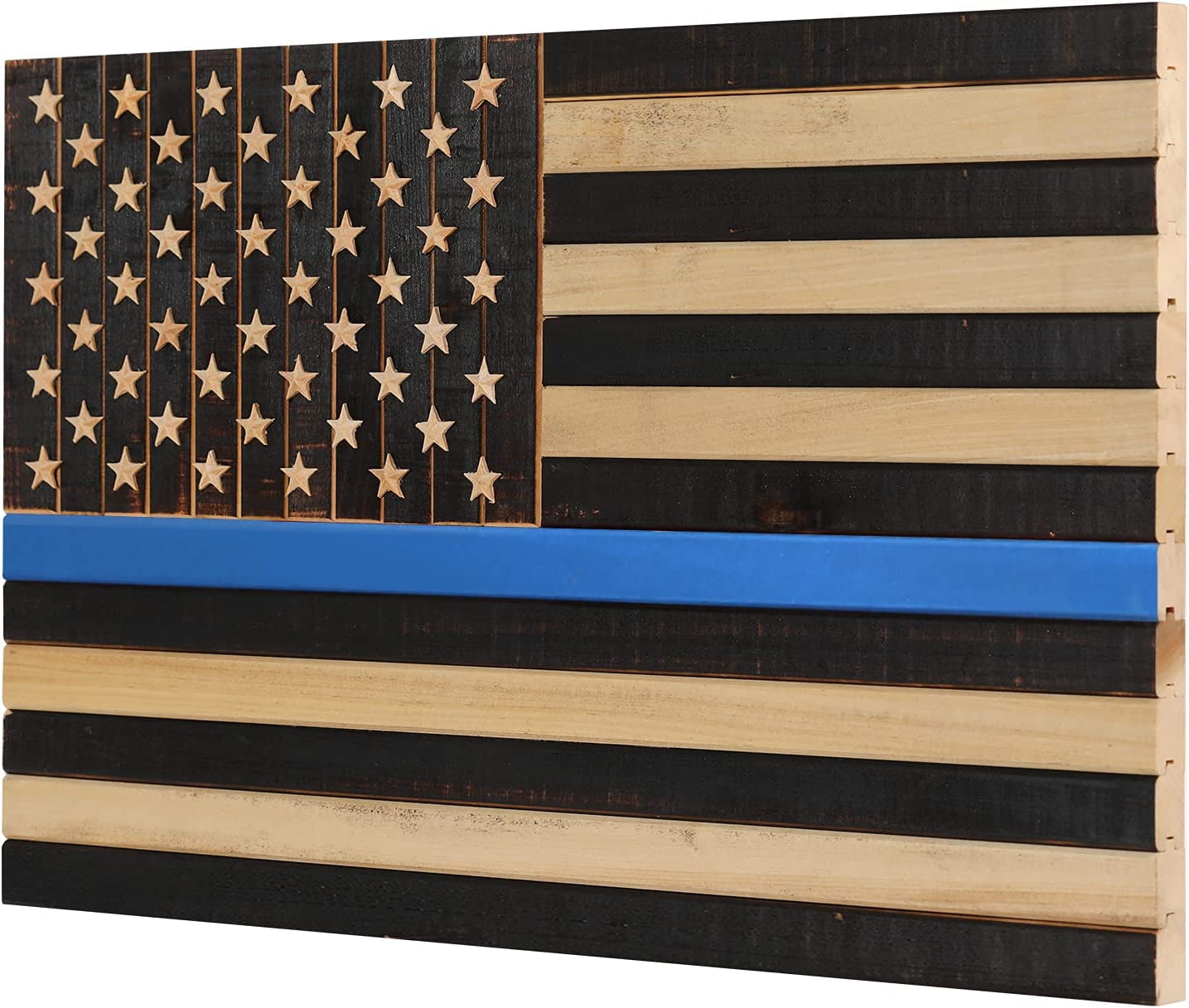 CONSDAN Wooden American Flag Wall Decor, Handcrafted Wall Art, USA Grown Hardwood, Rustic Wood Wall Flags, American Flag Wall Art, American Flag Decor | Thin Blue Line, 37"x19.5"