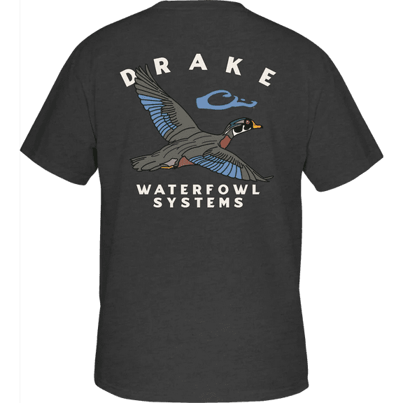 Drake Waterfowl Mens Pocket T-Shirt - Retro Wood Duck Short Sleeve Design-Dark Shadow Heather-large