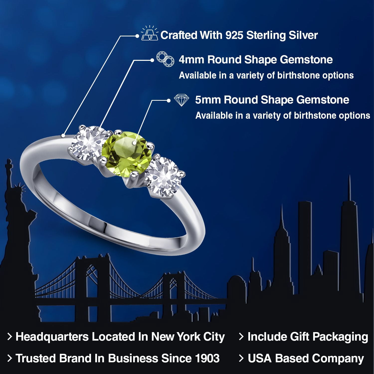 Gem Stone King 925 Sterling Silver Green Peridot and White Created Sapphire Engagement Ring for Women | 1.05 Cttw | Round 5MM | Gemstone August Birthstone | Size 7
