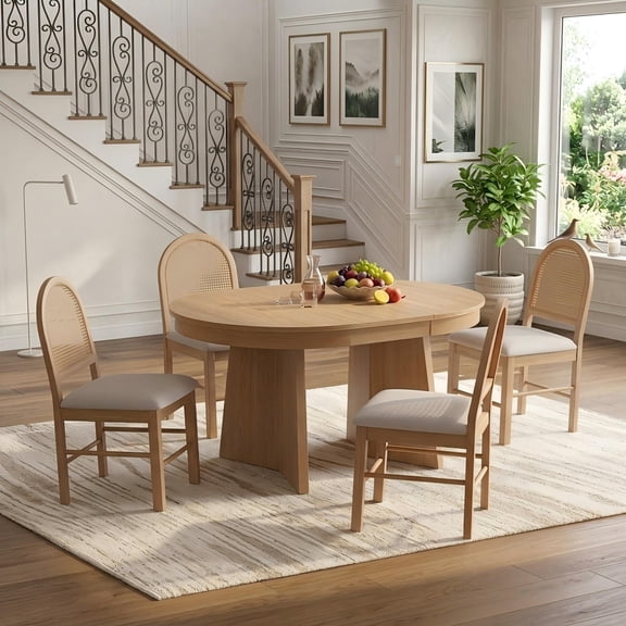 Aukfa 5-Piece Extendable Dining Table Set for 4, Kitchen Round Table with 4 Upholstered Rattan Back Chairs, Retro Dining Room Furniture, Natural Wood