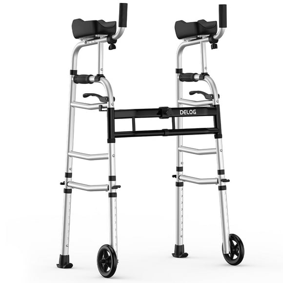 Andador plegable Delog para personas mayores: Andador de plataforma con ruedas de 5 pulgadas y reposabrazos acolchados extraíbles, 168 kg, ligero, ayuda para caminar, andador estándar (negro)