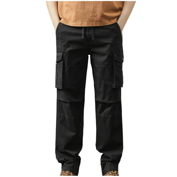 BADHUB Men's Tactical Pants Ripstop Heavy Duty Cotton Cargo Pants Outdoor Hiking Pants Drawstring Elastic Waist Athletic Trousers Black,M