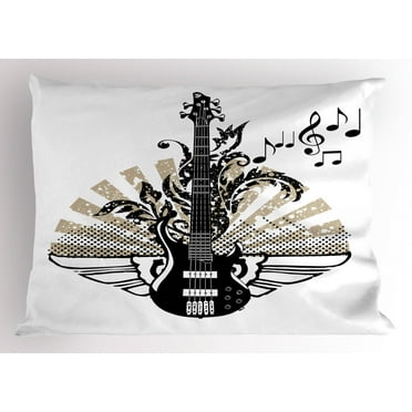 Ambesonne Guitar Pillow Sham, Rock and Roll Pattern, 26" X 20", Tan Black White