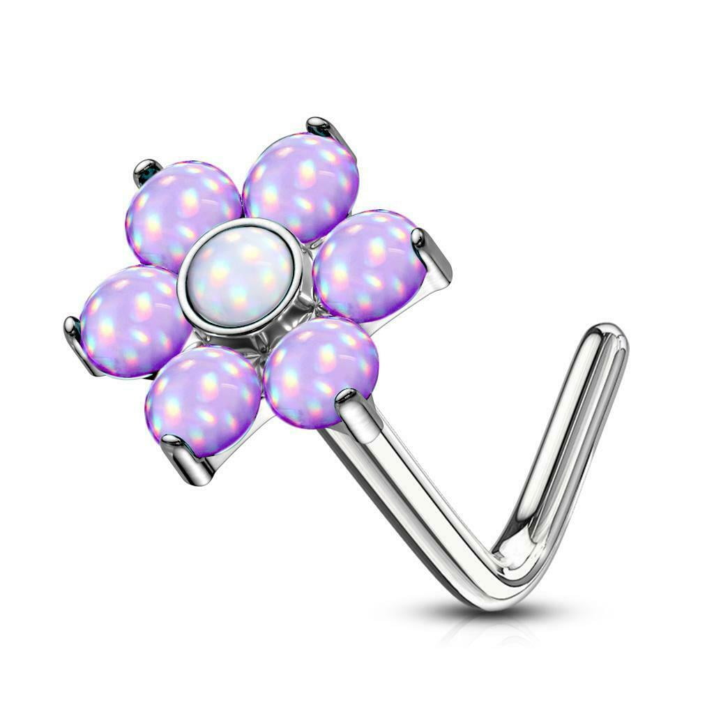 Nose Stud Rings L-shape with Illuminating Stone Set Flower Top 20g