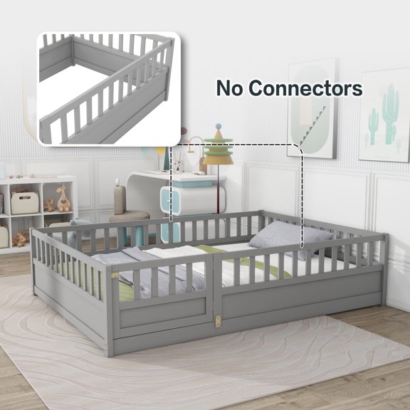 Kumix Full Size Floor Bed, Wood Floor Bed with Fence and Door for, Boys/Girls, Floor Bed with Safety Guardrails, Montessori Floor Bed Frame for Bedroom, Easy Assembly, Gray