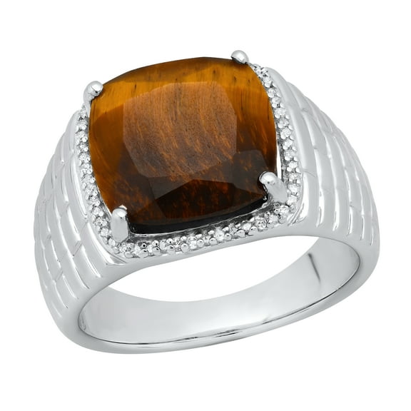 Dazzlingrock Collection 13mm Cushion Tiger Eye Stone & Round White Diamond Halo Style Wedding Ring for Men (0.20 ctw, Color I-J, Clarity I2-I3) in 925 Sterling Silver, Size 9