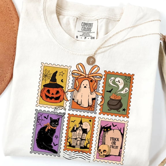 Halloween Stamp Collection T-Shirt – Spooky Holiday Graphic Tee with Vintage-Inspired Designs
