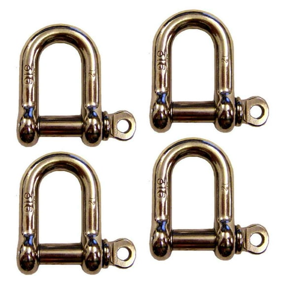 3/16" Screw Pin D Shackle Stainless Steel - 4 Pack